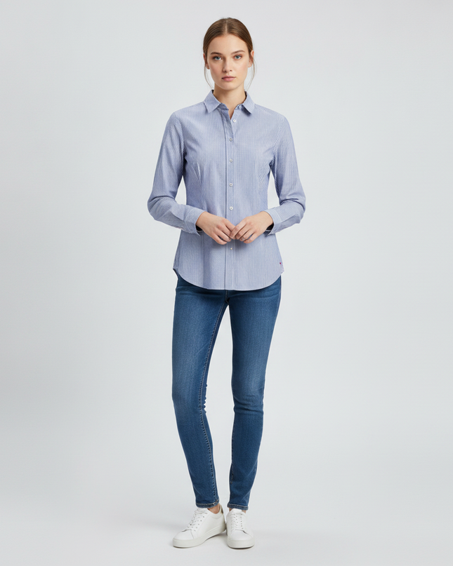 Zara Basic Blue and White Striped Long Sleeve Button Down Shirt