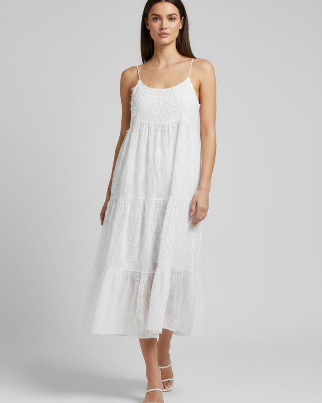 Zara White Embroidered Tiered Midi Dress