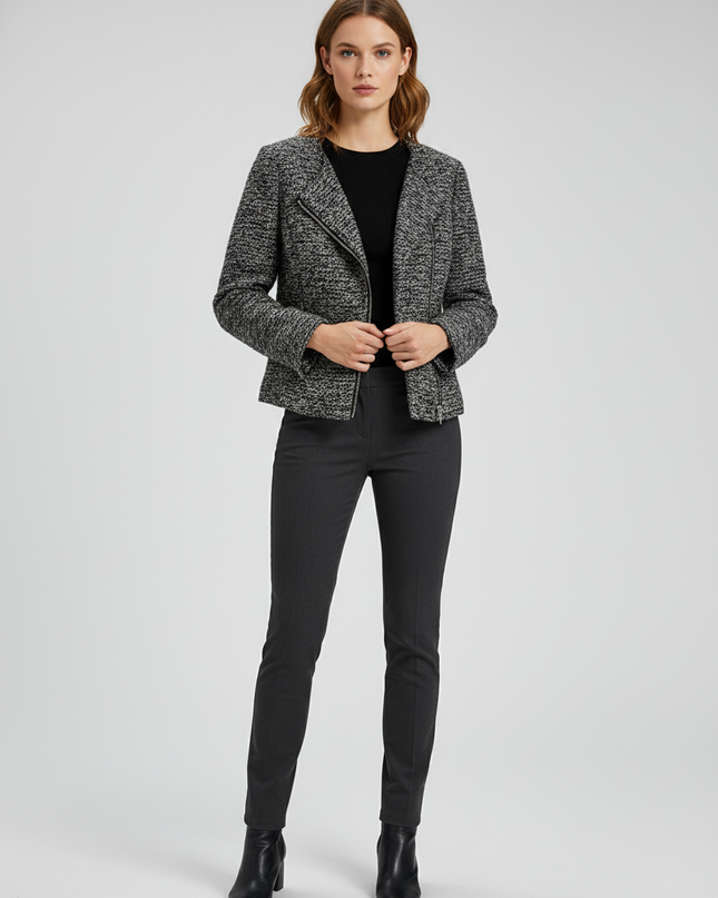 H&M Black and White Bouclé Moto Style Jacket