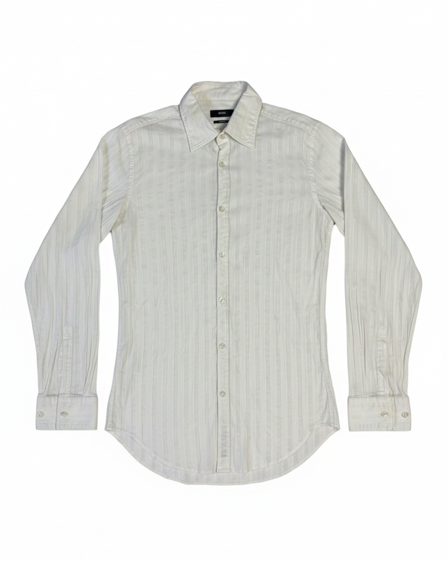 Hugo Boss White Slim Fit Textured Stripe Dress Shirt