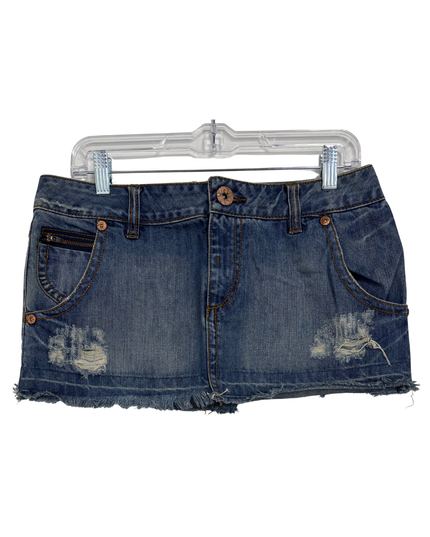 Sicko Distressed Blue Raw Hem Denim Mini Skirt - XL | Waist: 34"