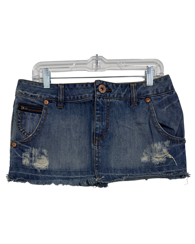 Sicko Distressed Blue Raw Hem Denim Mini Skirt - XL | Waist: 34"