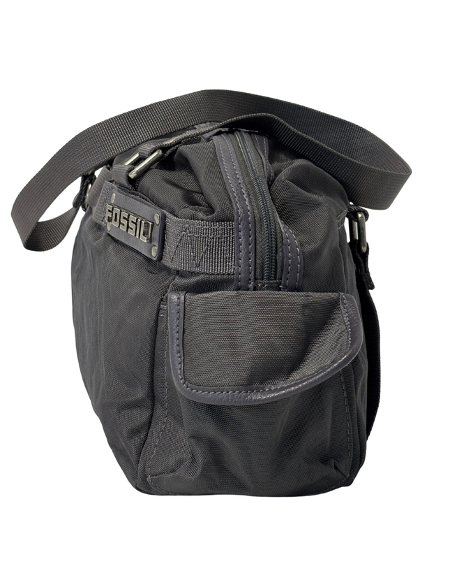 Fossil Black Nylon Silver Metal Logo & Utility Webbing Straps Bowler Bag