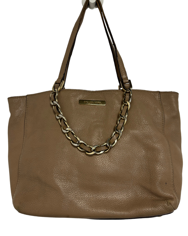 Michael Kors Taupe Leather Gold Chain Detail & Triple Compartment Tote Bag