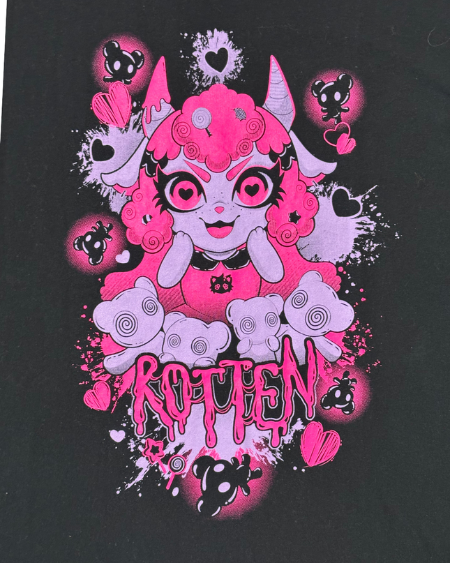 Gildan Rotten Pink & Purple Anime Demon Girl Graphic Black T-Shirt - L