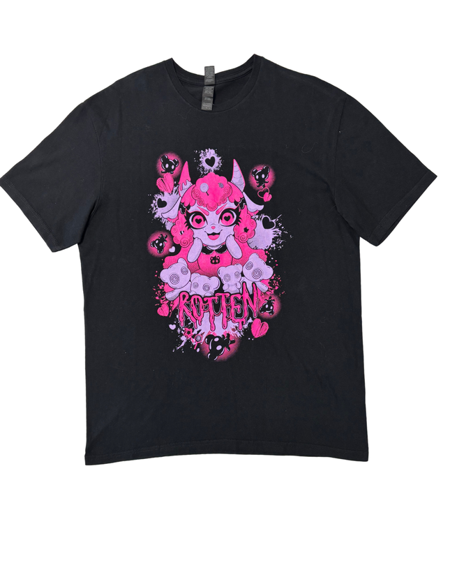 Gildan Rotten Pink & Purple Anime Demon Girl Graphic Black T-Shirt - L