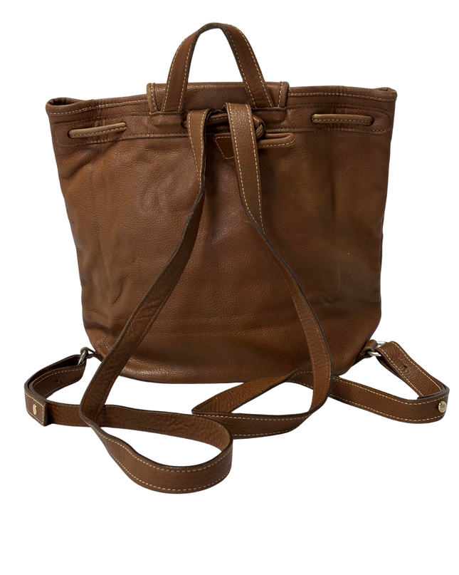 Longchamp Vintage Cognac Brown Pebbled Leather Bucket Backpack