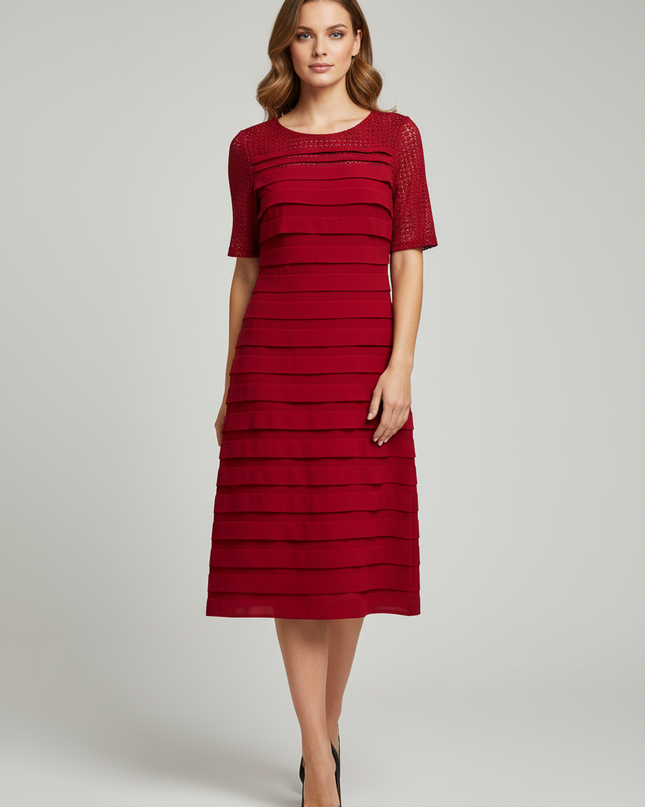 Principles by Ben de Lisi Red Tiered Lace Sleeve Midi Dress