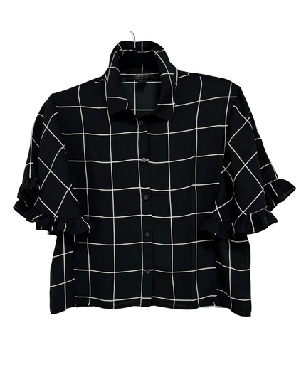 Forever 21 Black & White Windowpane Check Ruffle Sleeve Shirt - L