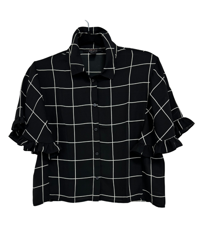 Forever 21 Black & White Windowpane Check Ruffle Sleeve Shirt - L