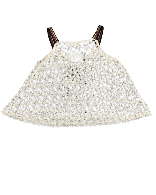 Rebellion Beaded Tribal Neckline Cream Floral Crochet Tank Top - S