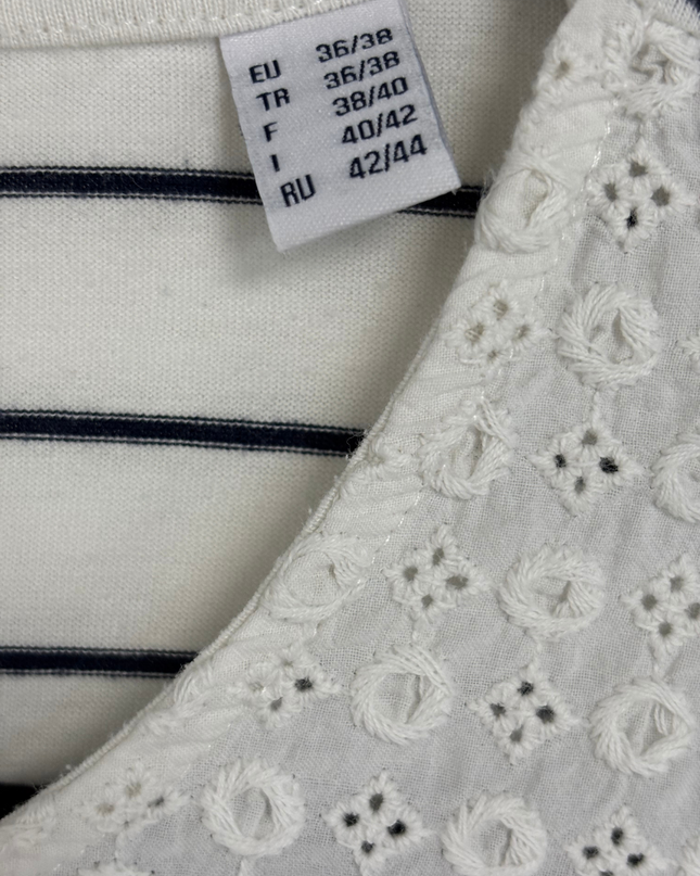 Essentials by Tchibo Striped Lace Detail Short Sleeve Top - S