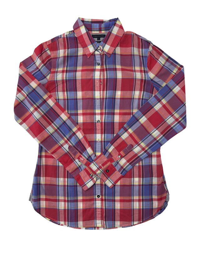 Tommy Hilfiger Red & Blue Plaid Fitted Long-Sleeve Shirt - XS