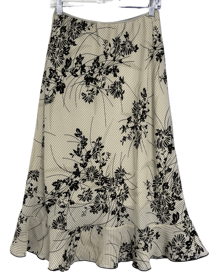 Jonathan Martin Studio Beige & Black Floral Ruffle Hem Midi Skirt