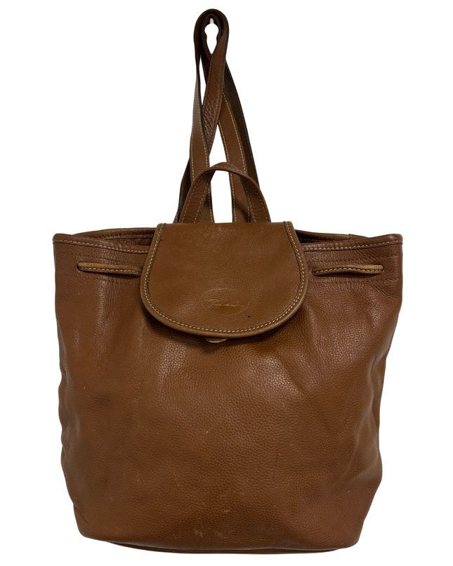 Longchamp Vintage Cognac Brown Pebbled Leather Bucket Backpack