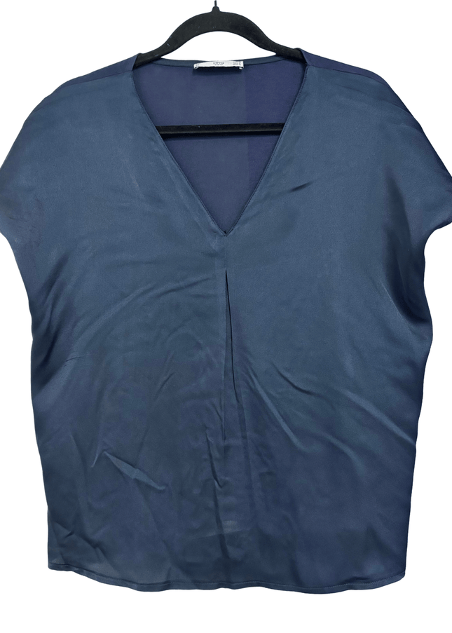 Mango Navy Blue V-Neck Satin Cap Sleeve Blouse