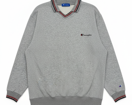Champion Grey Vintage Style Collared V-Neck Pullover Sweatshirt