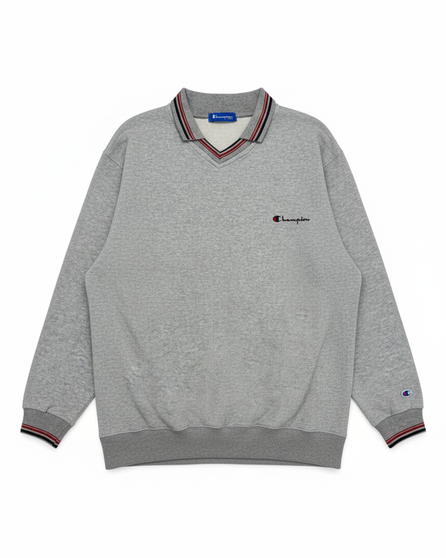 Champion Grey Vintage Style Collared V-Neck Pullover Sweatshirt