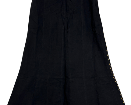 Vintage Black Linen-Blend Gold Geometric & Ethnic Embroidery Maxi Skirt
