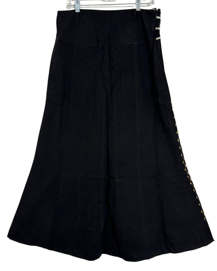 Vintage Black Linen-Blend Gold Geometric & Ethnic Embroidery Maxi Skirt