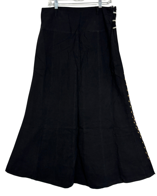 Vintage Black Linen-Blend Gold Geometric & Ethnic Embroidery Maxi Skirt