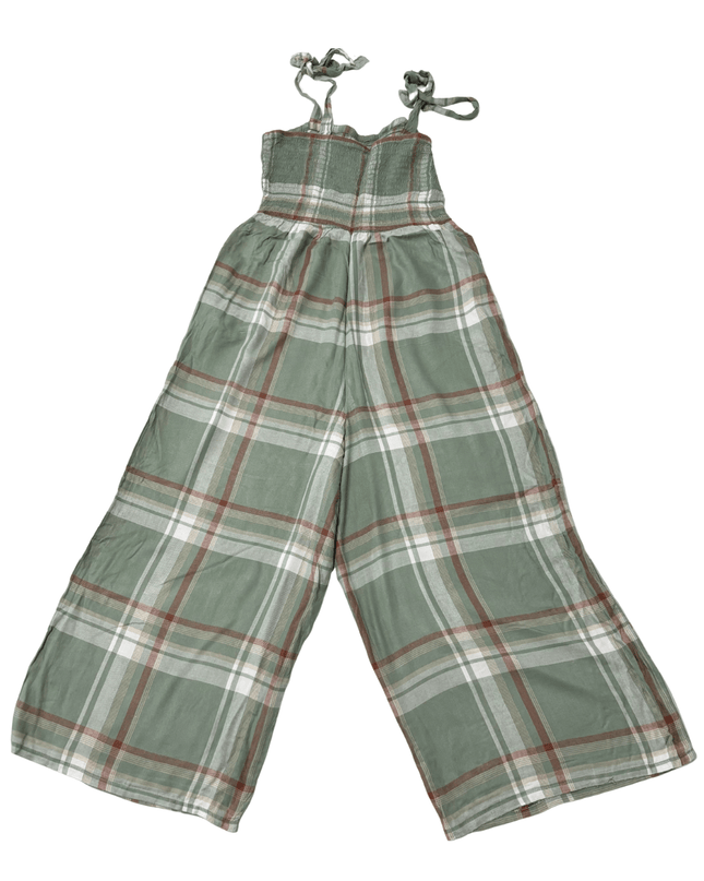 American Eagle Green & Brown Plaid Smocked Wide-Leg Jumpsuit