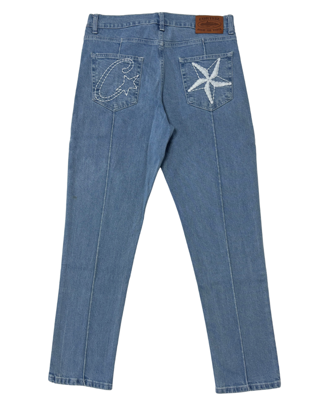 Corteiz Rules The World Light Blue Star Patch Denim Jeans