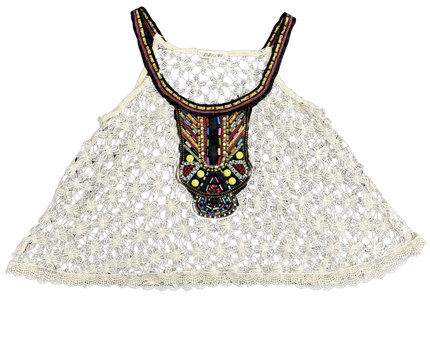 Rebellion Beaded Tribal Neckline Cream Floral Crochet Tank Top - S
