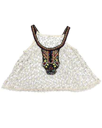 Rebellion Beaded Tribal Neckline Cream Floral Crochet Tank Top - S