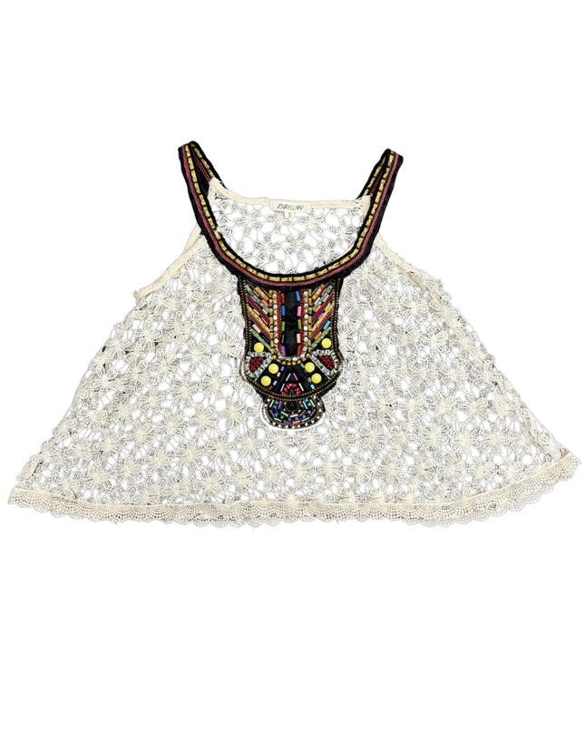 Rebellion Beaded Tribal Neckline Cream Floral Crochet Tank Top - S