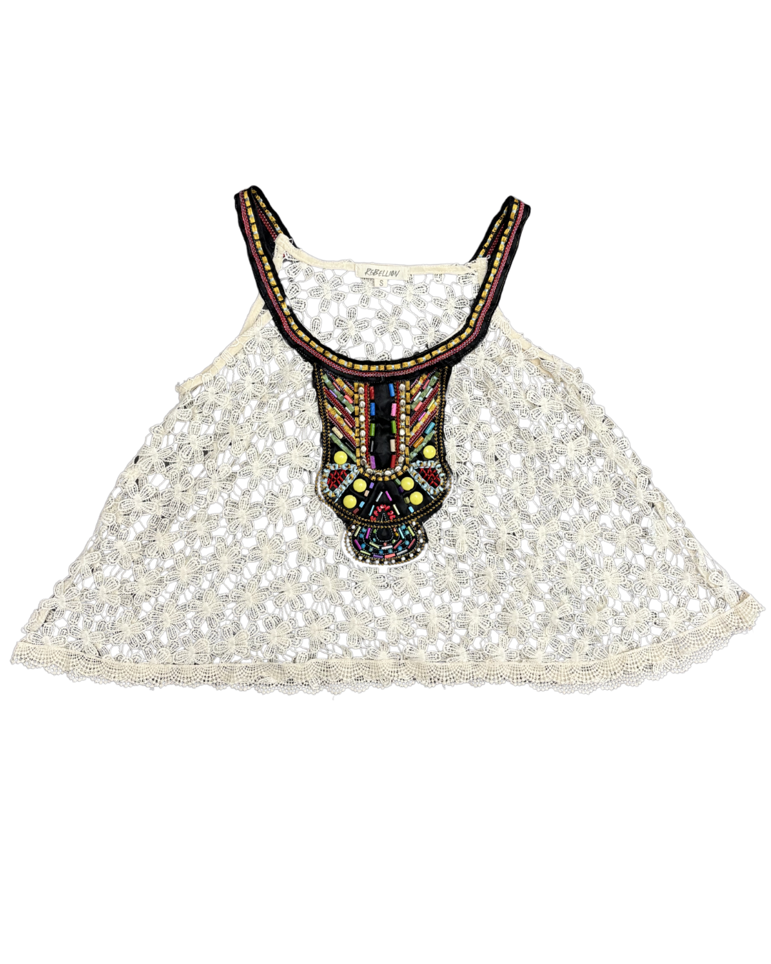 Rebellion Beaded Tribal Neckline Cream Floral Crochet Tank Top - S