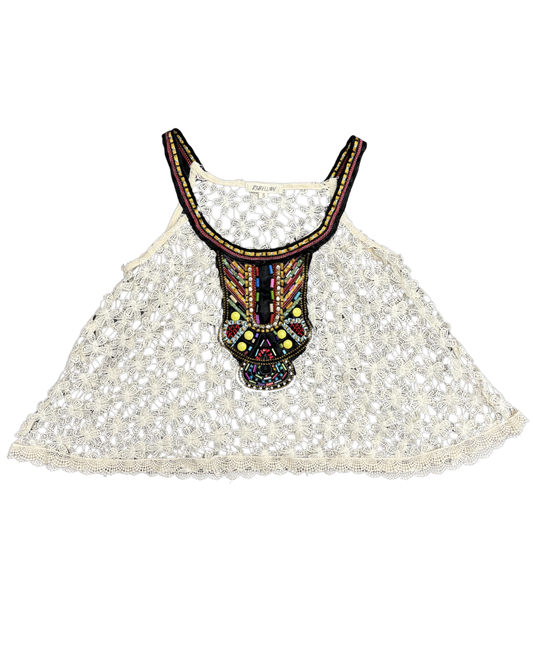 Rebellion Beaded Tribal Neckline Cream Floral Crochet Tank Top - S