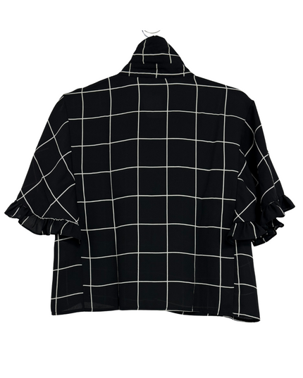 Forever 21 Black & White Windowpane Check Ruffle Sleeve Shirt - L