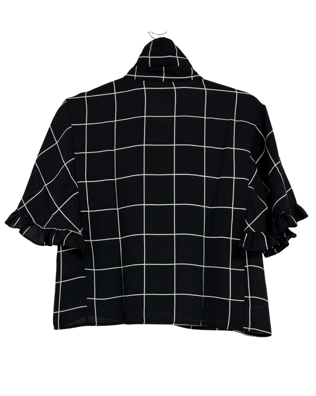 Forever 21 Black & White Windowpane Check Ruffle Sleeve Shirt - L
