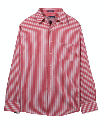 Chaps Red & White Vertical Striped Wrinkle-Free Cotton Dress Shirt