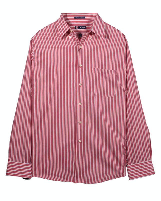 Chaps Red & White Vertical Striped Wrinkle-Free Cotton Dress Shirt