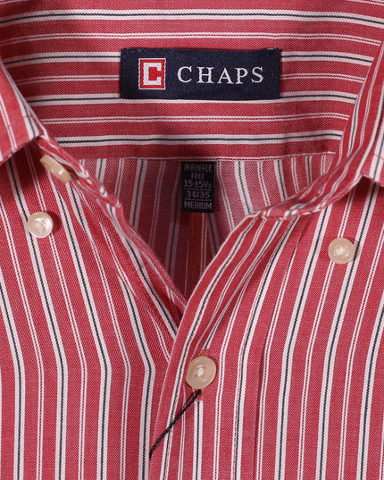 Chaps Red & White Vertical Striped Wrinkle-Free Cotton Dress Shirt
