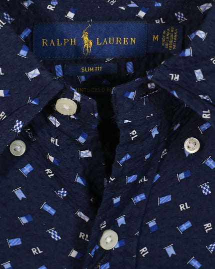 Ralph Lauren RL Flag Seersucker Button Navy Blue Shirt