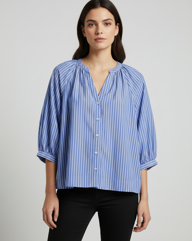 H&M Blue Striped Puff Sleeve V-Neck Blouse