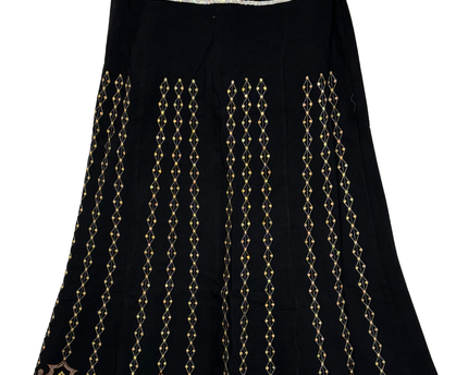 Vintage Black Linen-Blend Gold Geometric & Ethnic Embroidery Maxi Skirt