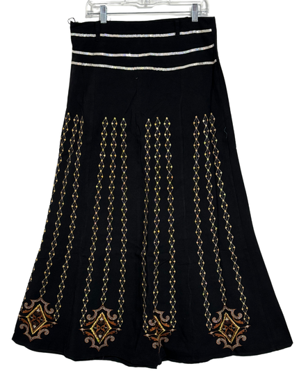 Vintage Black Linen-Blend Gold Geometric & Ethnic Embroidery Maxi Skirt