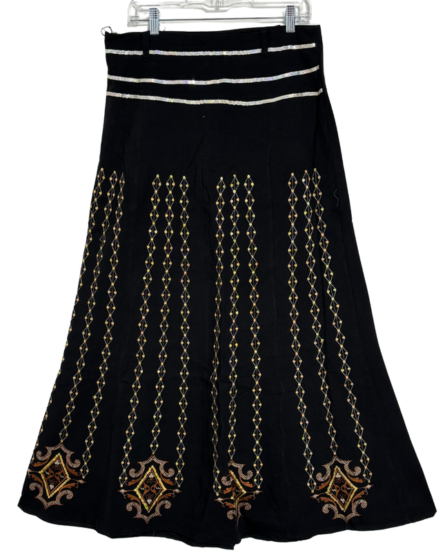 Vintage Black Linen-Blend Gold Geometric & Ethnic Embroidery Maxi Skirt