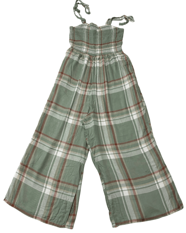 American Eagle Green & Brown Plaid Smocked Wide-Leg Jumpsuit