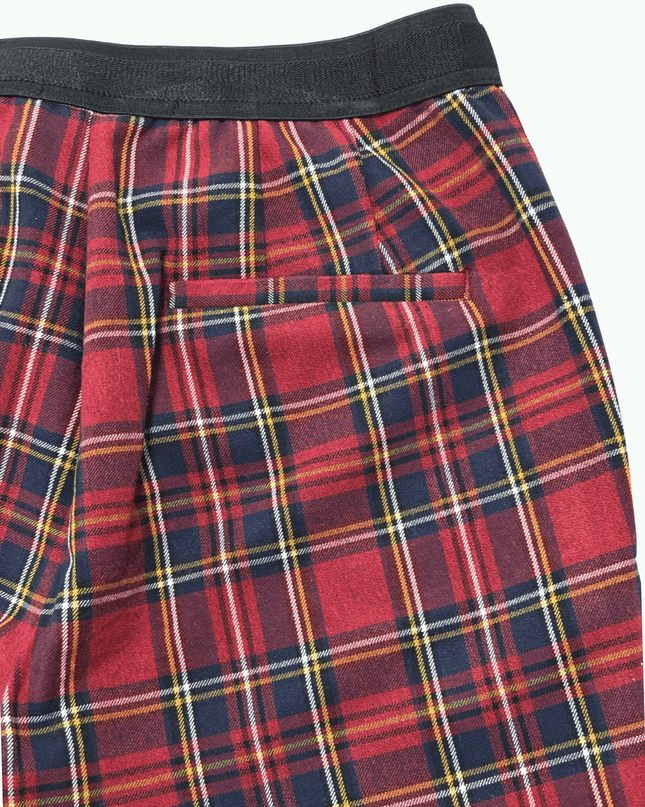 ZARA Red & Navy Tartan Plaid Elastic Waist Slim Trousers