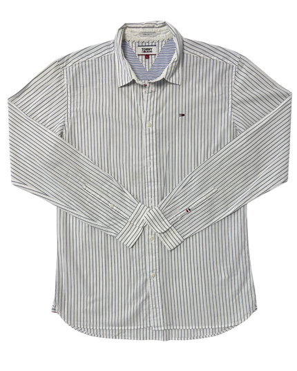 Tommy Jeans White & Navy Striped Regular Fit Button-Down Shirt