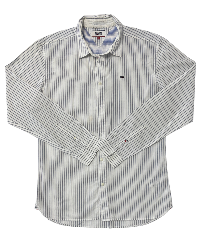Tommy Jeans White & Navy Striped Regular Fit Button-Down Shirt