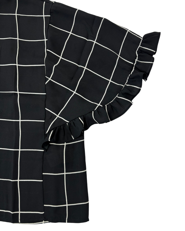 Forever 21 Black & White Windowpane Check Ruffle Sleeve Shirt - L