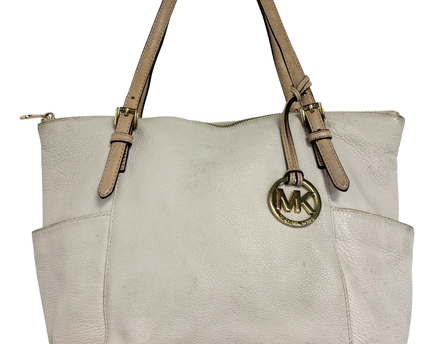 Michael Kors Pebbled Leather Contrast Tan Straps & Gold Charm Tote Bag
