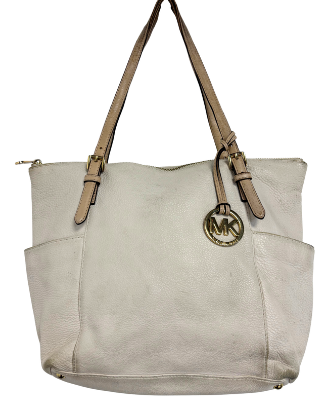 Michael Kors Pebbled Leather Contrast Tan Straps & Gold Charm Tote Bag