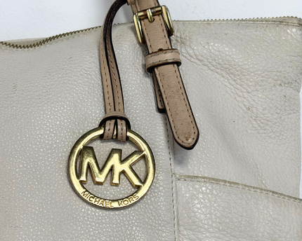Michael Kors Pebbled Leather Contrast Tan Straps & Gold Charm Tote Bag
